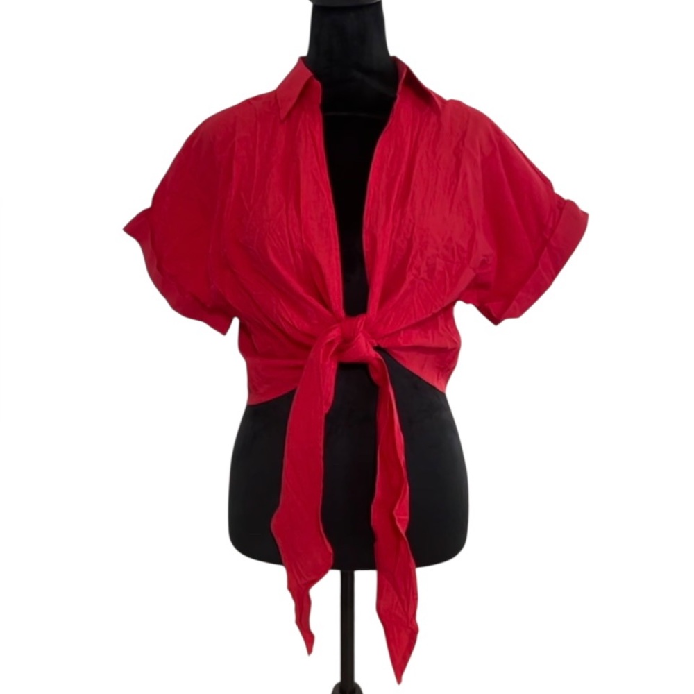 Red Tie-Front Blouse, Short Sleeve Deep V Neck,red ,Large,NWT - Picture 4 of 4